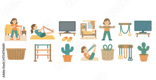 Home fitness outline icons set – exercise, workouts, health equipment