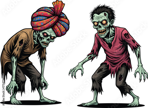 Two scary zombies with torn clothes and colorful turban, creepy undead cartoon characters for Halloween horror fantasy illustration and design concept