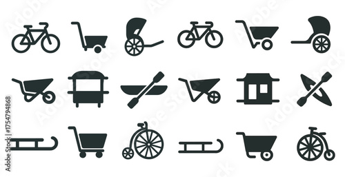 Transportation and mobility icons set – silhouette, solid, travel and vehicle symbols