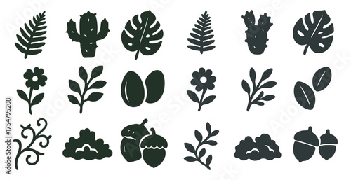 Nature and plants silhouette icons set – flat, filled, foliage and botanical symbols