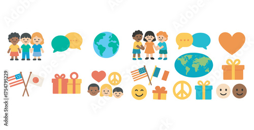 Diversity and friendship icons set – flat, outline, multicultural and global symbols