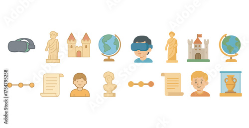 History and culture icons set – flat, outline, ancient and educational symbols
