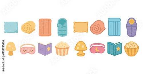 Sleepover and relaxation flat icons set – cozy, comfort, night essentials