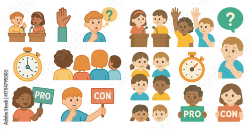 Debate and discussion flat icons set – education, communication, school symbols