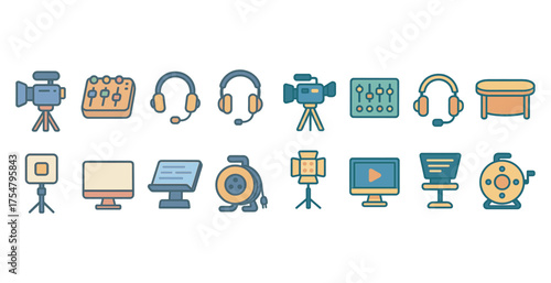 Recording studio equipment icons set in outline style – audio, sound, production symbols