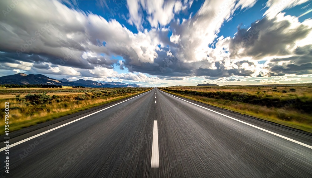 Naklejka premium Perspective View of an Empty Asphalt Road Stretching Towards Distant Mountains Under a Dramatic Cloudy Sky with Sun Rays Breaking Through