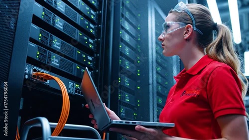 A woman in safety glasses works on a server rack with a laptop in a data center