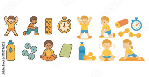 Fitness activities icons set - flat, exercise, health and wellness symbols