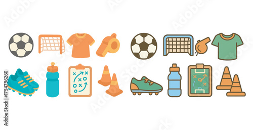Sports equipment icons set – flat, soccer and exercise symbols in outline style