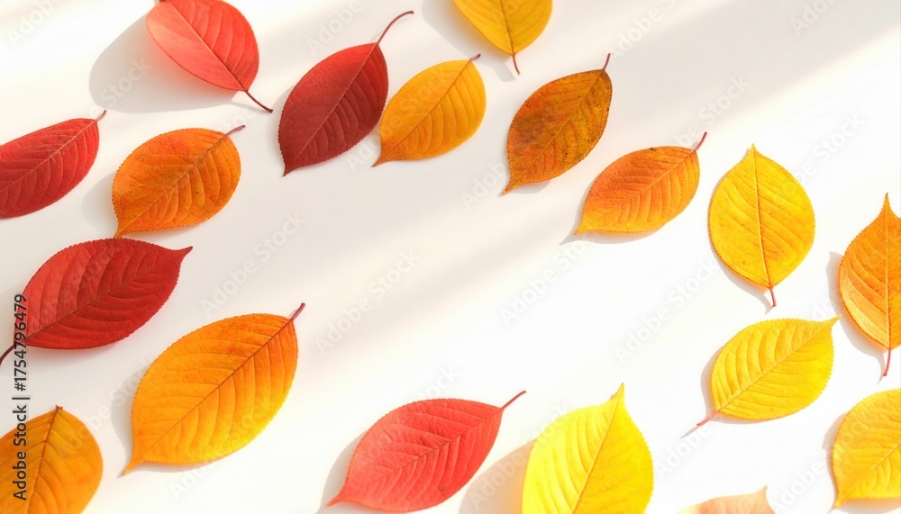 Fototapeta premium Vibrant autumn leaves in warm red, orange, and yellow hues scattered on a bright white surface with soft shadows