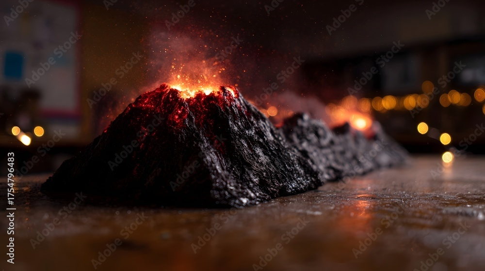 Naklejka premium A miniature volcano model erupts with glowing red lava and smoke against a softly blurred background of warm lights