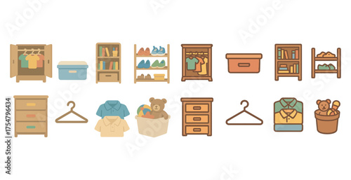 Home and storage organization icons set – flat, linear, wardrobe and decluttering