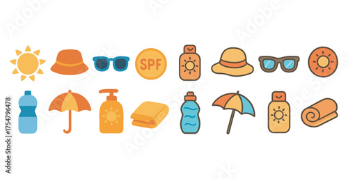 Summer essentials icons set – flat, filled, vacation and beach symbols
