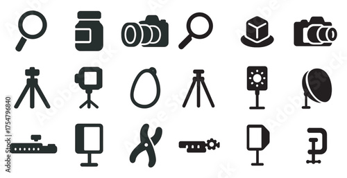 Photography equipment solid icons set – silhouette, filled, camera gear, digital