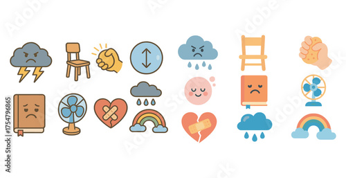 Weather and emotion icons set – outline, flat, mood and climate symbols