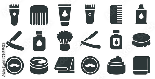 Barber shop silhouette icons set – grooming, hairdressing, styling tools collection