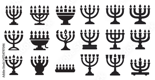 Hanukkah menorah silhouette icons set – sacred, jewish, festival symbols