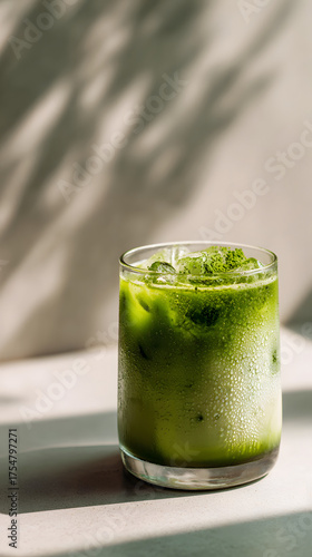 Iced matcha latte in clear glass with condensation and ice, refreshing green drink served on sunlit table with soft shadow
