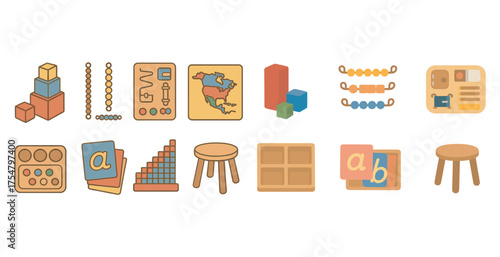 Educational toys flat icons set – learning, child development, preschool tools