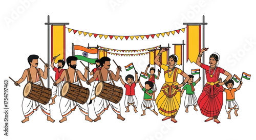 Illustration of a traditional Indian dance performance with musicians and dancers in colorful costumes, holding drums and flags, against a festive background with decorations.