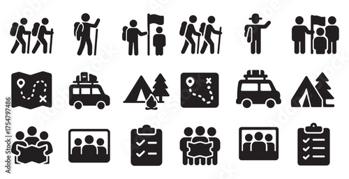 Camping and hiking solid icons set – flat, filled, outdoor and adventure symbols