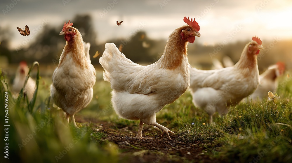 Fototapeta premium A group of domestic chickens walking through a green grassy field at golden hour Several hens with white and light brown feathers graze peacefully outdoors while butterflies fly around