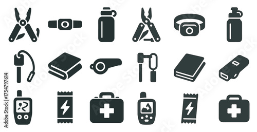 Outdoor adventure icons set – silhouette, camping, survival gear collection