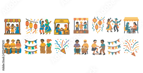 Festival and celebration flat icons set – vibrant, party, event symbols for design