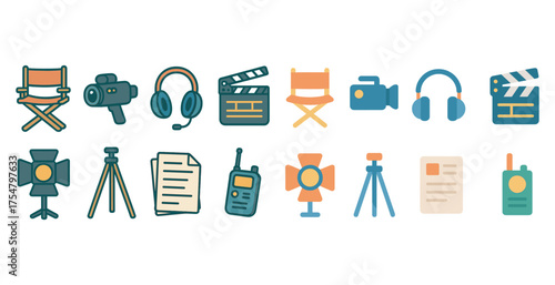 Film and media flat icons set – solid, filled, cinema and production symbols