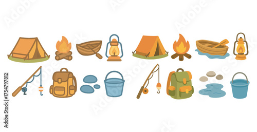 Camping and outdoor flat icons set – adventure, hiking, nature symbols