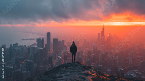 Man standing on top of a mountain and looking at the city at sunrise
