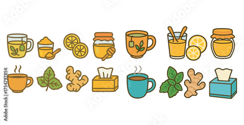 Tea and herbal flat icons set – beverage, drink, herbal remedies symbols