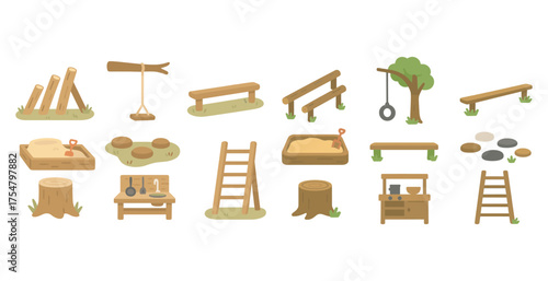 Playground equipment flat icons set – kids, recreation, outdoor play graphics