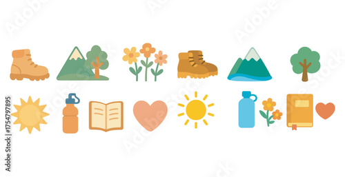 Nature and hiking icons set – flat, filled, outdoor and adventure symbols