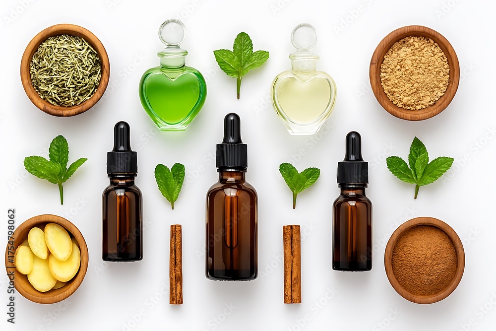 Naklejka premium Natural essential oils and ingredients for aromatherapy and skincare