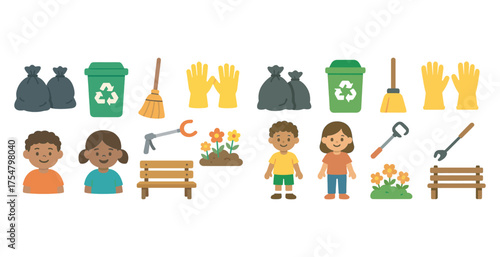 Recycling and community outline icons set – flat, cleanup and eco-friendly symbols