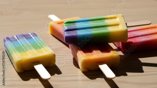 Rainbow ice pops arranged on a lightcolored wood surface showcasing vibrant colors and a summery feel