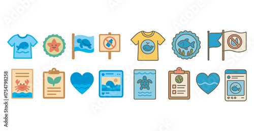 Marine conservation flat icons set – ocean, aquatic, sea life preservation symbols