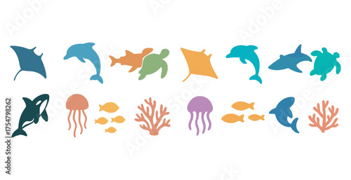 Marine life silhouette icons set – ocean, aquatic, sea creature symbols