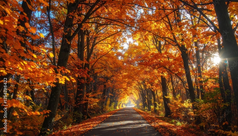 Fototapeta premium Breathtaking autumn road bathed in warm golden sunlight, trees ablaze with vibrant orange foliage, inviting a serene journey through nature's splendor