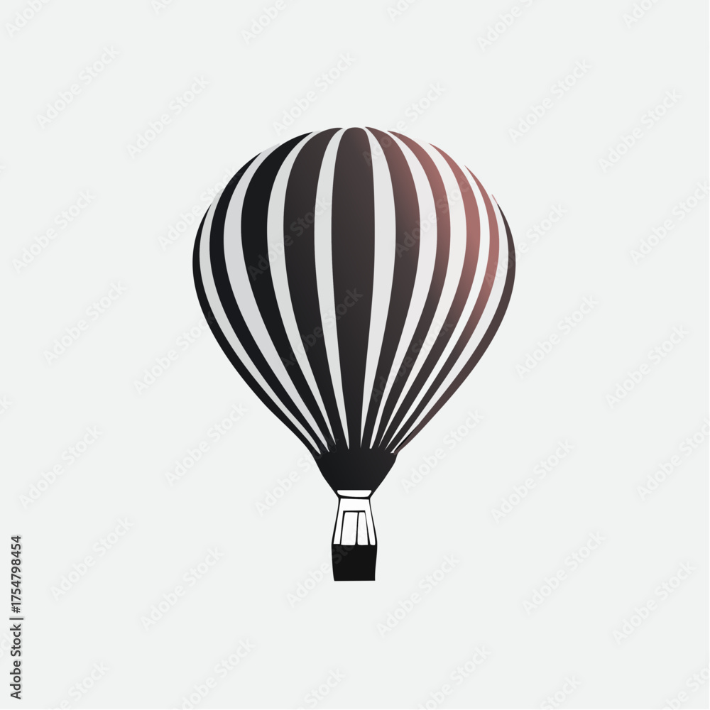Obraz premium Black and White Hot Air Balloon with Vertical Stripes and Basket Centered Against White Background