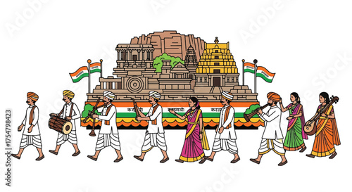 Illustration of people in traditional Indian clothing walking with a decorated object and Indian flags in front of a temple