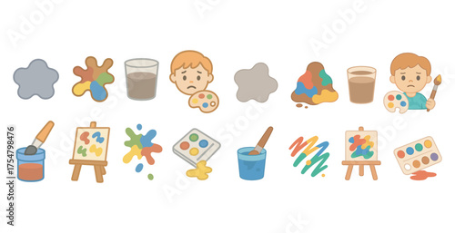 Art and painting flat icons set – colorful, brush, creative expression symbols