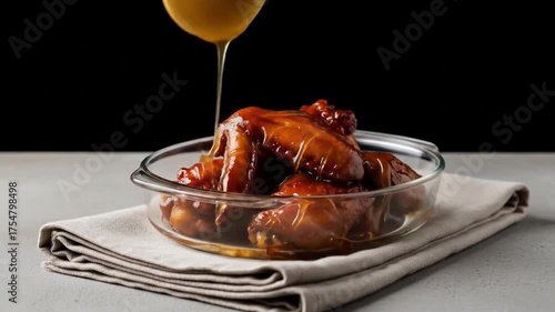 Sauced chicken wings in a clear bowl on a folded cloth Yellow sauce is being poured Black background