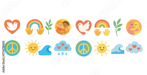 Peace and unity flat icons set – harmony, love, and friendship symbols