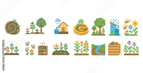 Gardening and nature flat icons set – filled, garden landscaping and horticulture symbols