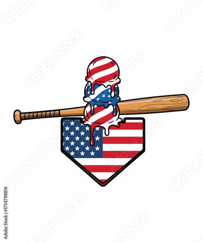Patriotic Baseball Home Plate with Ice Cream and Bat, American Flag Themed Sports Design