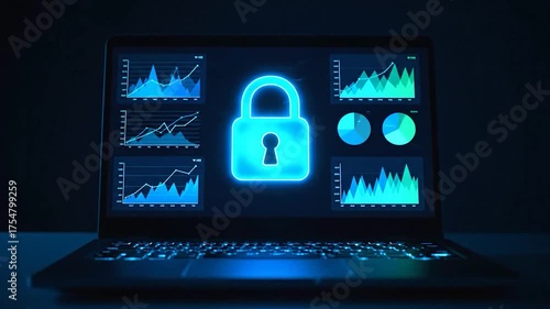 Digital security concept glowing blue padlock icon on a laptop screen displaying financial charts and graphs in a dark environment