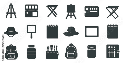 Art and craft silhouette icons set – flat, solid, creative and design tools