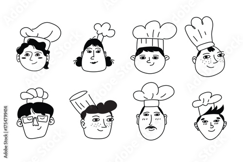 A fun set of eight cartoon chef faces in doodle style. Perfect for restaurant logos, culinary brands, menus, web design, packaging, food blog illustrations, postcards, prints, posters, and banners.